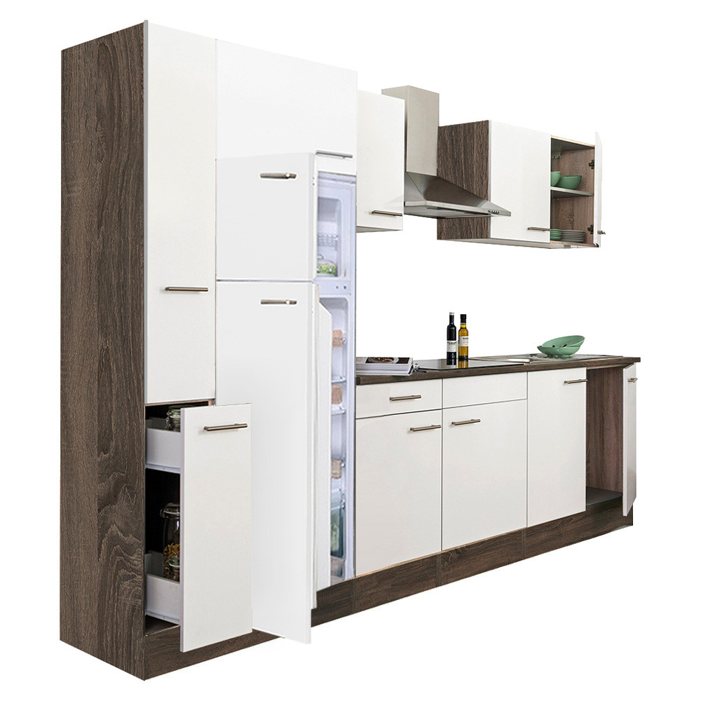 Yorki 300 konyhablokk yorki tölgy korpusz,selyemfényű fehér fronttal felülfagyasztós hűtős szekrénnyel (HX)
