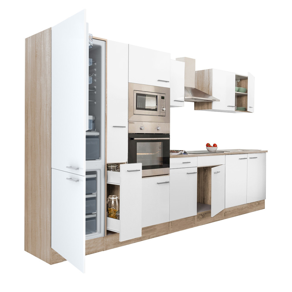 Yorki 360 konyhablokk sonoma tölgy korpusz,selyemfényű fehér fronttal alulfagyasztós hűtős szekrénnyel (HX)