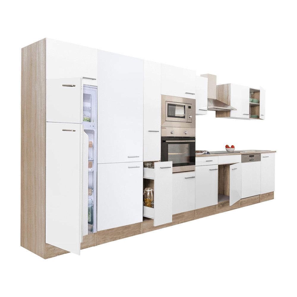 Yorki 430 konyhablokk sonoma tölgy korpusz,selyemfényű fehér fronttal felülfagyasztós hűtős szekrénnyel (HX)