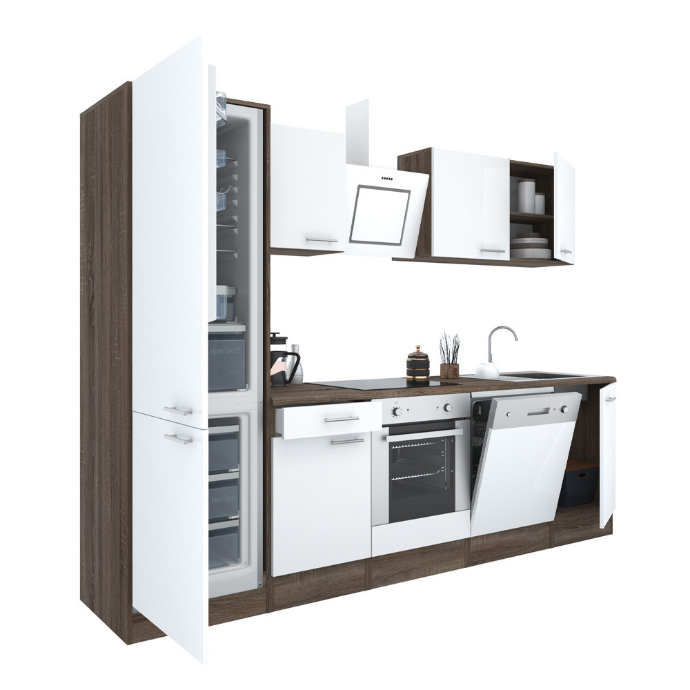 Yorki 280 konyhablokk yorki tölgy korpusz,selyemfényű fehér front alsó sütős elemmel alulfagyasztós hűtős szekrénnyel (HX)