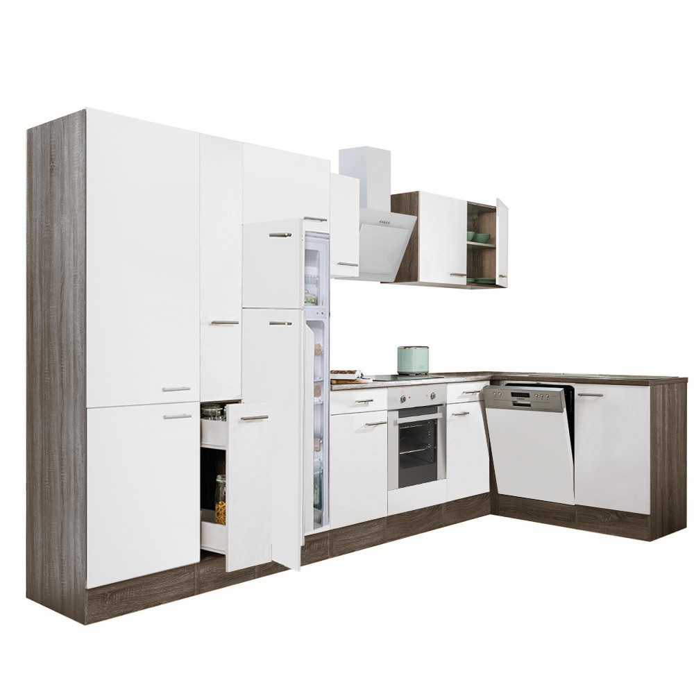 Yorki 370 sarok konyhablokk yorki tölgy korpusz,selyemfényű fehér front alsó sütős elemmel polcos szekrénnyel, felülfagyasztós hűtős szekrénnyel (HX)