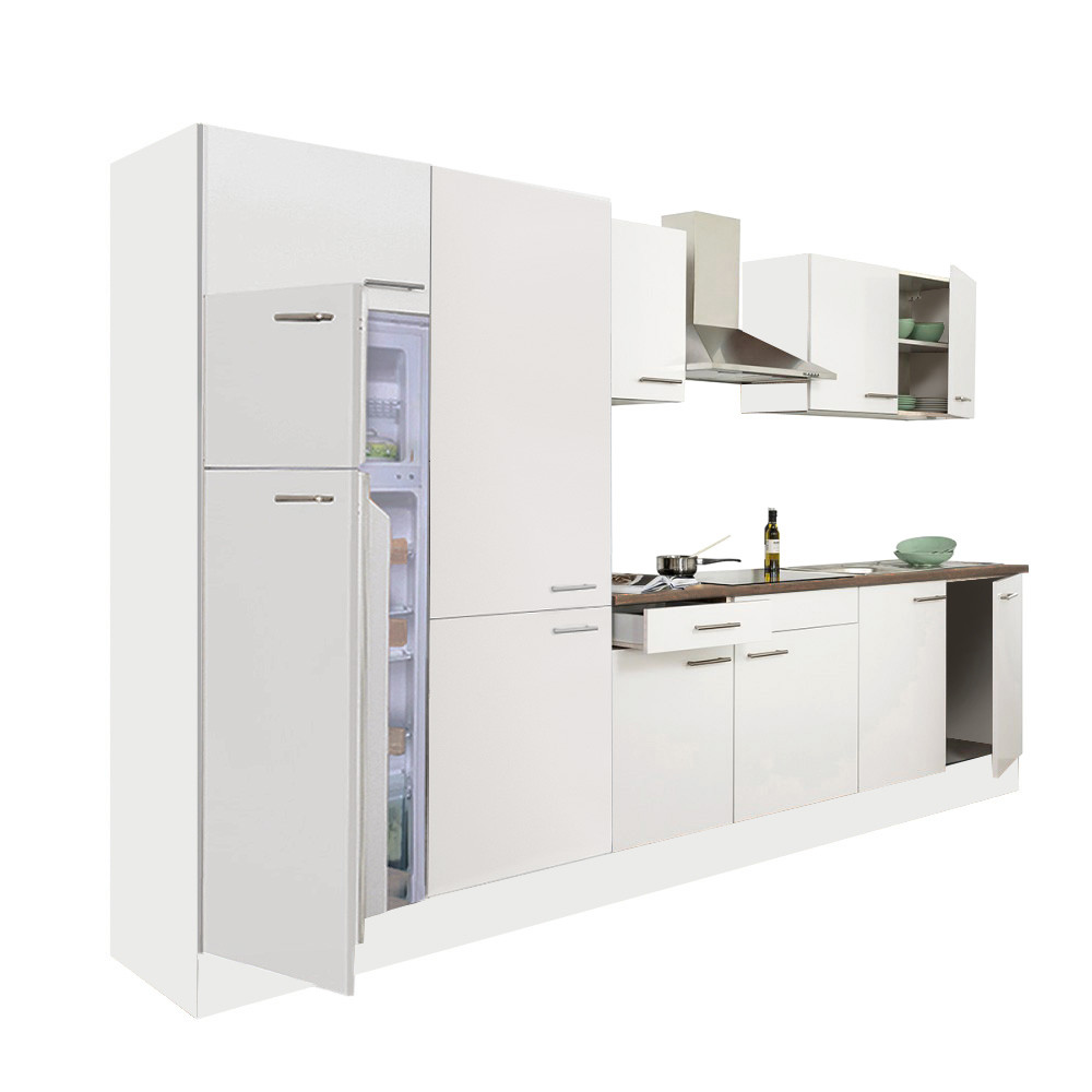 Yorki 330 konyhablokk fehér korpusz,selyemfényű fehér fronttal polcos szekrénnyel és felülfagyasztós hűtős szekrénnyel (HX)