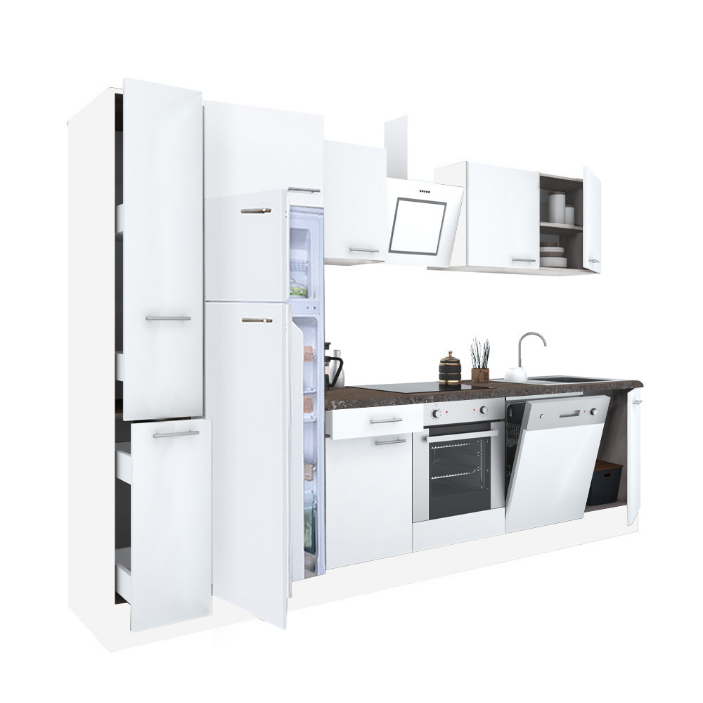 Yorki 310 konyhablokk fehér korpusz,selyemfényű fehér front alsó sütős elemmel felülfagyasztós hűtős szekrénnyel (HX)