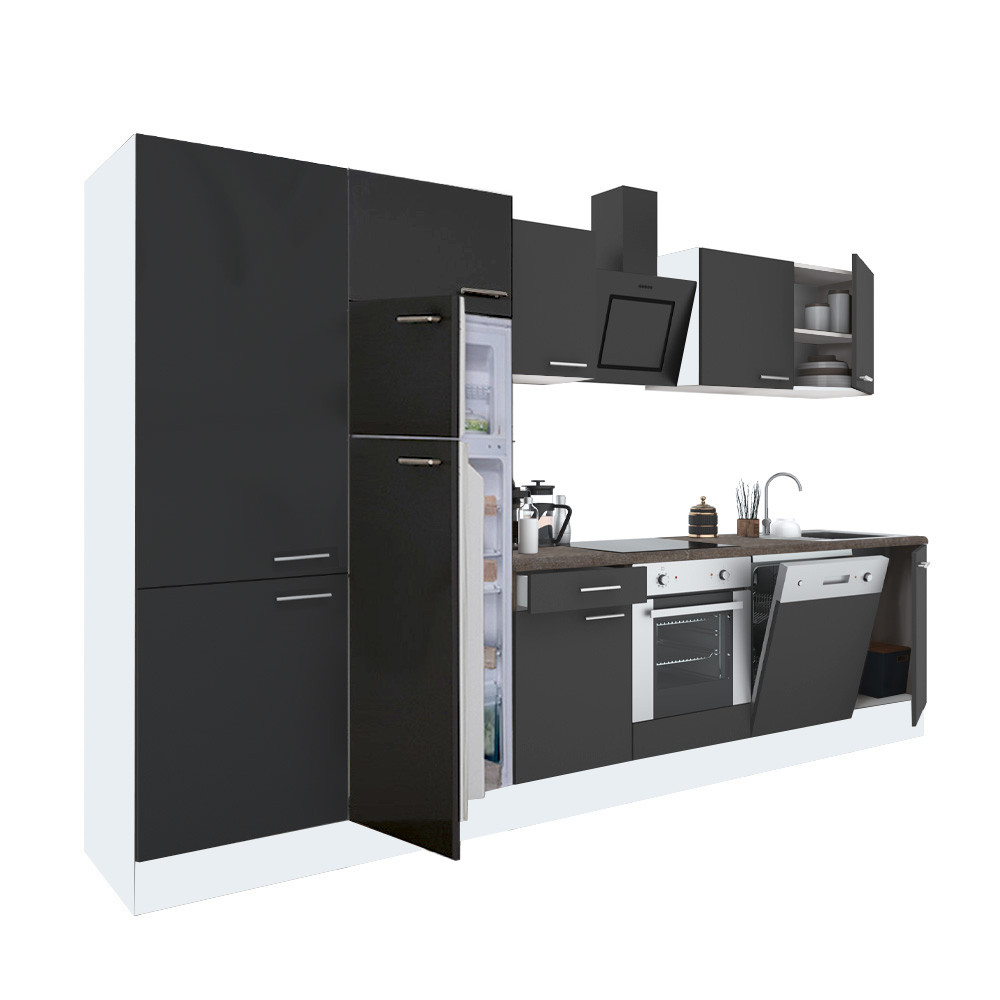 Yorki 330 konyhablokk fehér korpusz,selyemfényű antracit front alsó sütős elemmel polcos szekrénnyel és felülfagyasztós hűtős szekrénnyel (HX)