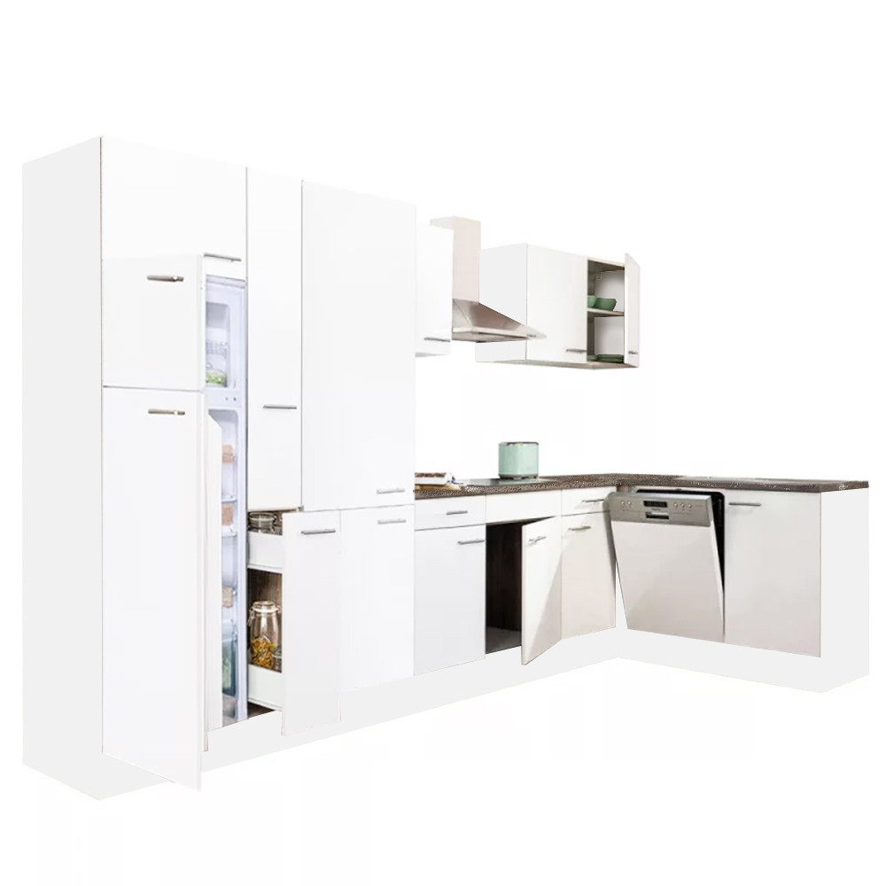Yorki 370 sarok konyhablokk fehér korpusz,selyemfényű fehér fronttal polcos szekrénnyel és felülfagyasztós hűtős szekrénnyel (HX)