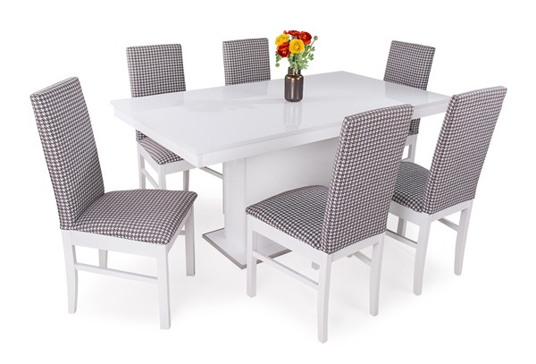Magasfényű Flóra asztal Dolly székkel - 6 személyes étkezőgarnitúra