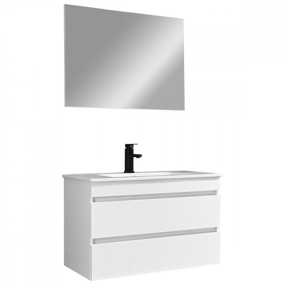 Cube Fürdőszobabútor 80 cm kerámia mosdóval (2 fiókos) tükörrel 60x80 cm magasfényű festett fehér (HX)