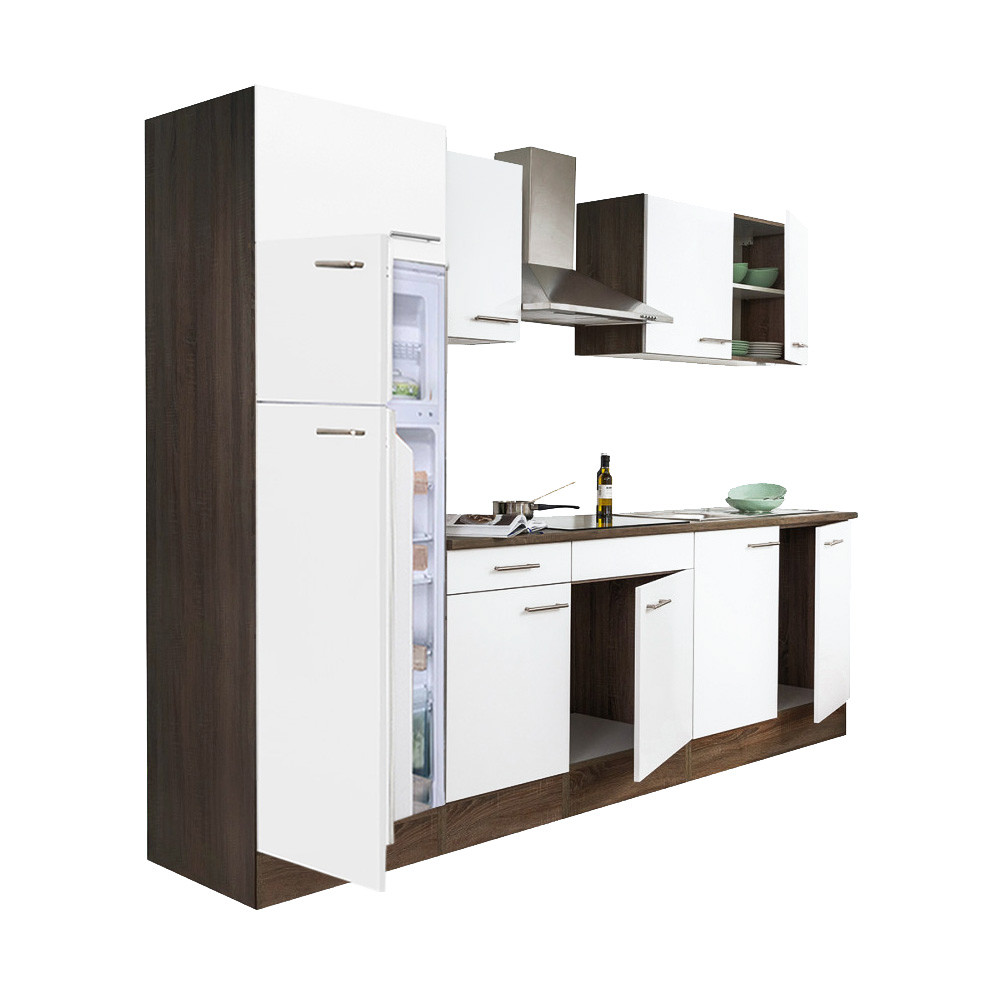 Yorki 270 konyhablokk yorki tölgy korpusz,selyemfényű fehér fronttal felülfagyasztós hűtős szekrénnyel (HX)