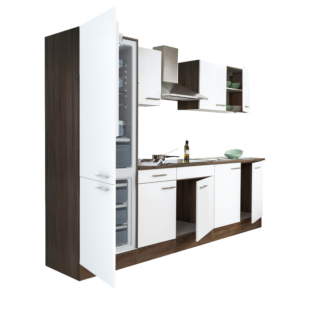 Yorki 270 konyhablokk yorki tölgy korpusz,selyemfényű fehér fronttal alulfagyasztós hűtős szekrénnyel (HX)