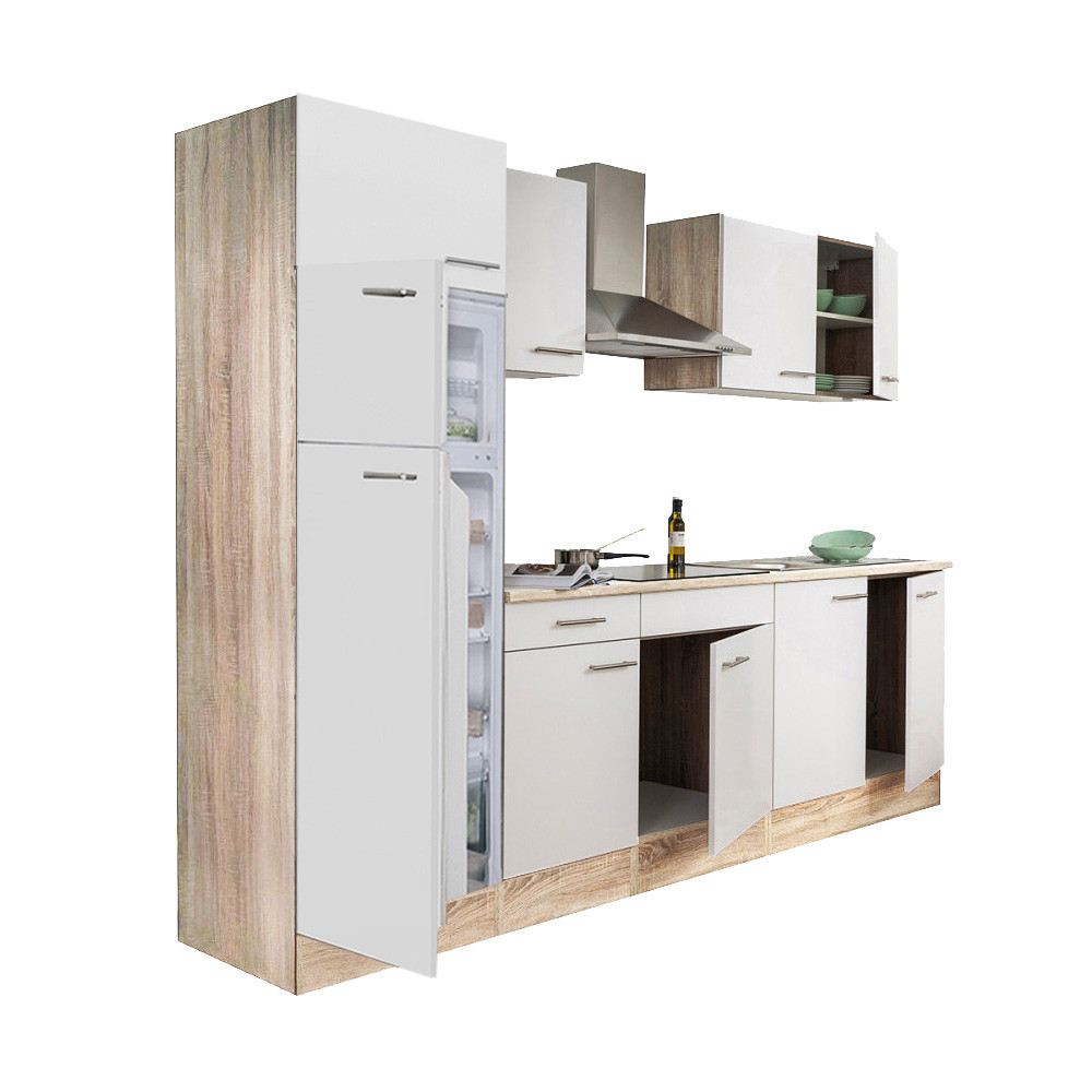 Yorki 270 konyhablokk sonoma tölgy korpusz,selyemfényű fehér fronttal felülfagyasztós hűtős szekrénnyel (HX)