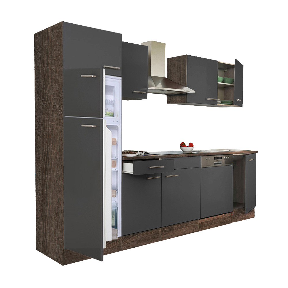 Yorki 280 konyhablokk yorki tölgy korpusz,selyemfényű antracit fronttal felülfagyasztós hűtős szekrénnyel (HX)