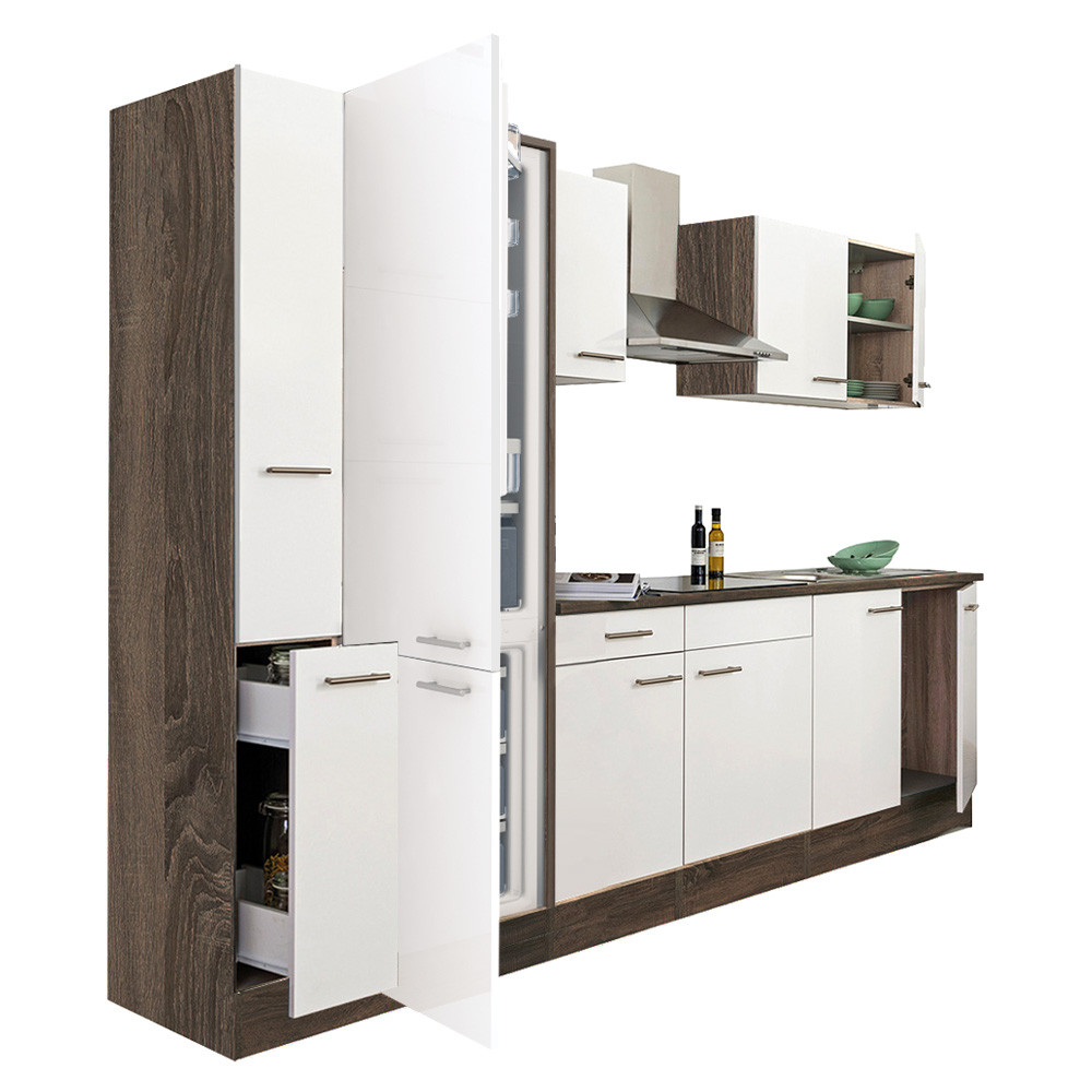 Yorki 300 konyhablokk yorki tölgy korpusz,selyemfényű fehér fronttal alulfagyasztós hűtős szekrénnyel (HX)