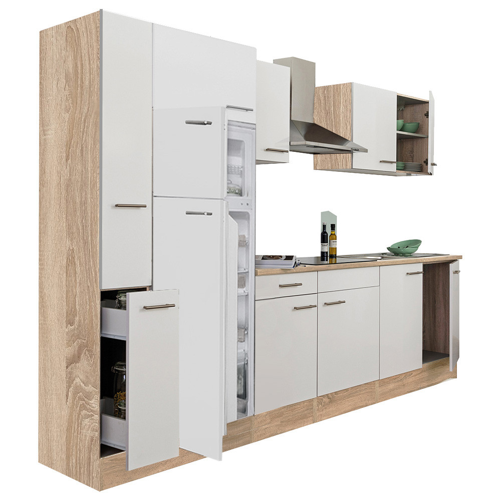 Yorki 300 konyhablokk sonoma tölgy korpusz,selyemfényű fehér fronttal felülfagyasztós hűtős szekrénnyel (HX)