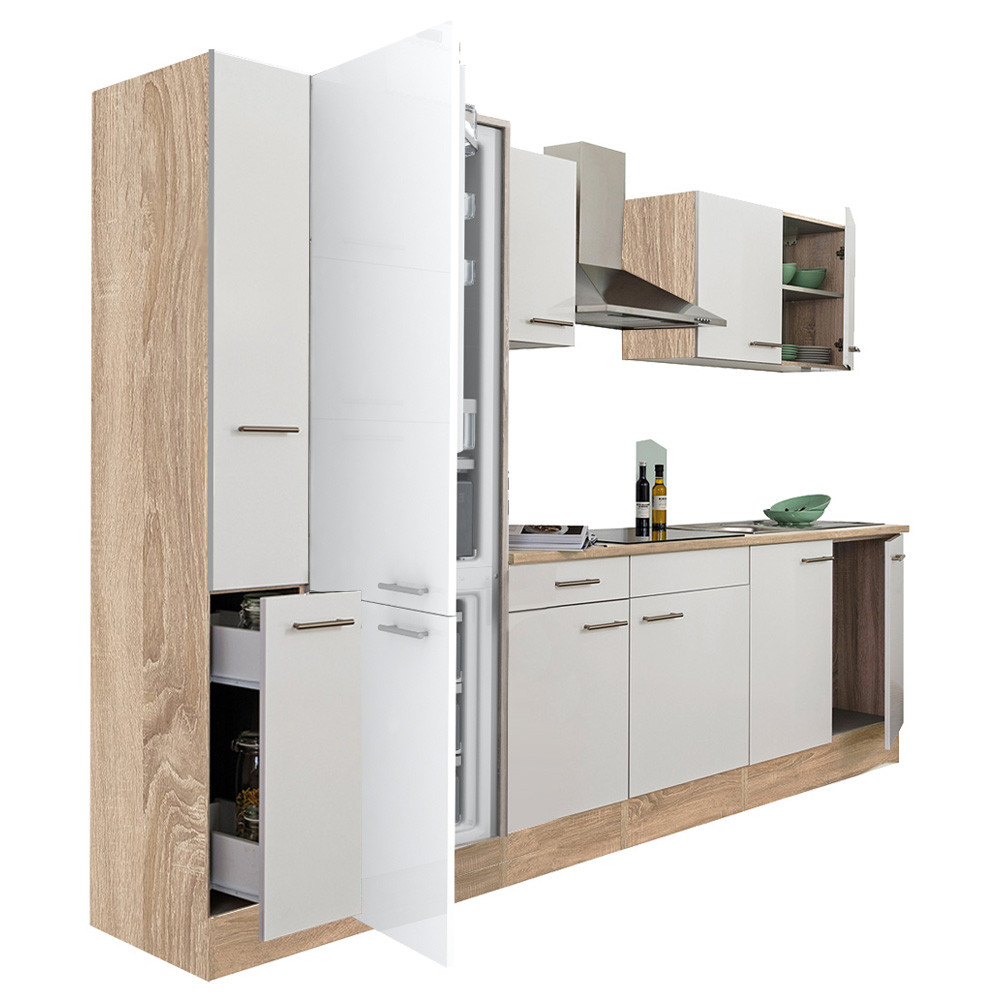 Yorki 300 konyhablokk sonoma tölgy korpusz,selyemfényű fehér fronttal alulfagyasztós hűtős szekrénnyel (HX)