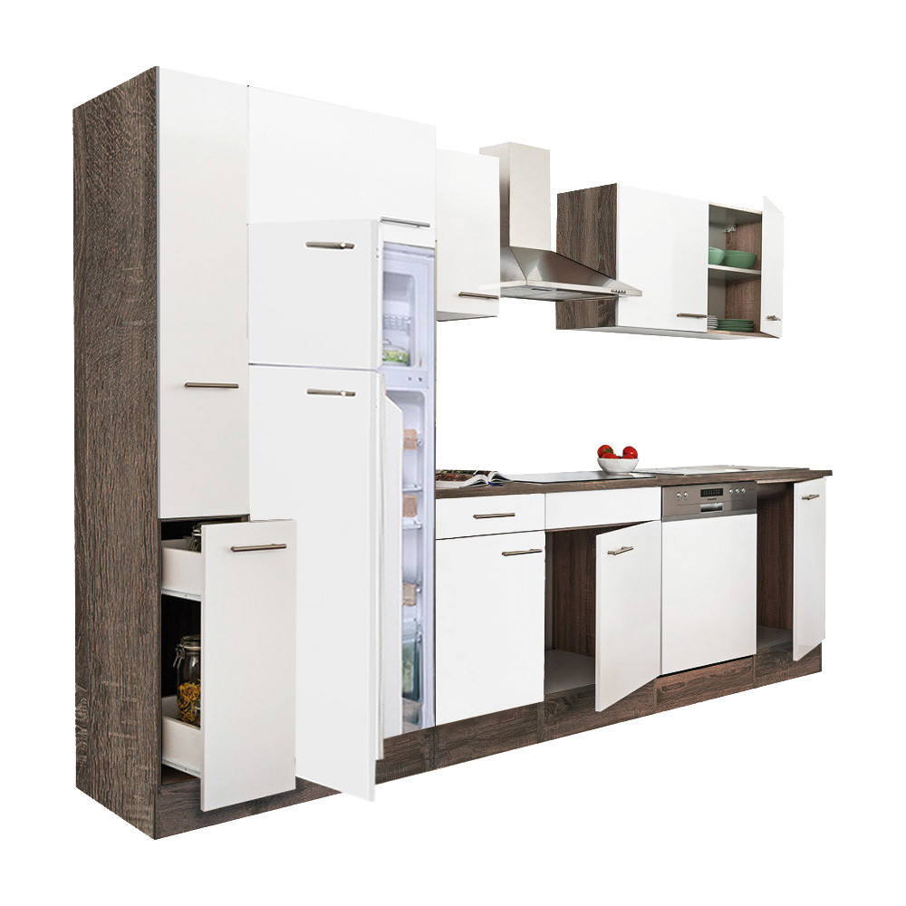 Yorki 310 konyhablokk yorki tölgy korpusz,selyemfényű fehér fronttal felülfagyasztós hűtős szekrénnyel (HX)
