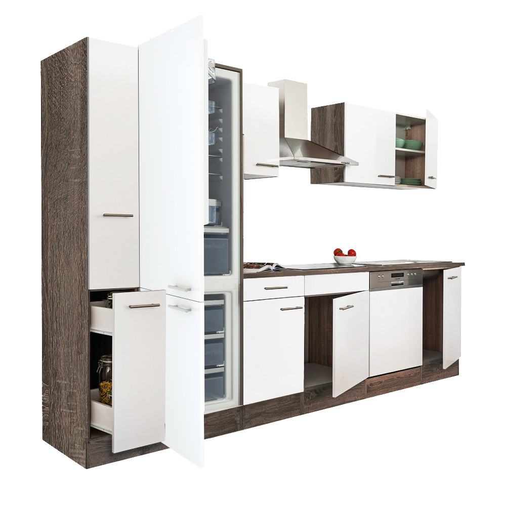 Yorki 310 konyhablokk yorki tölgy korpusz,selyemfényű fehér fronttal alulfagyasztós hűtős szekrénnyel (HX)