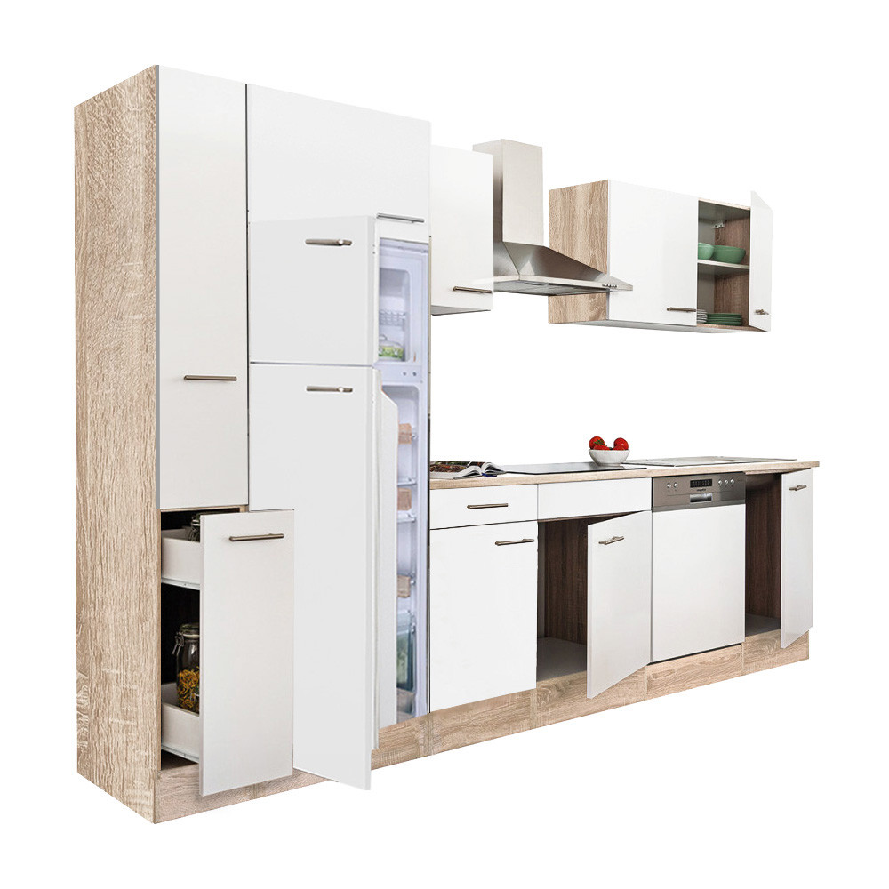 Yorki 310 konyhablokk sonoma tölgy korpusz,selyemfényű fehér fronttal felülfagyasztós hűtős szekrénnyel (HX)
