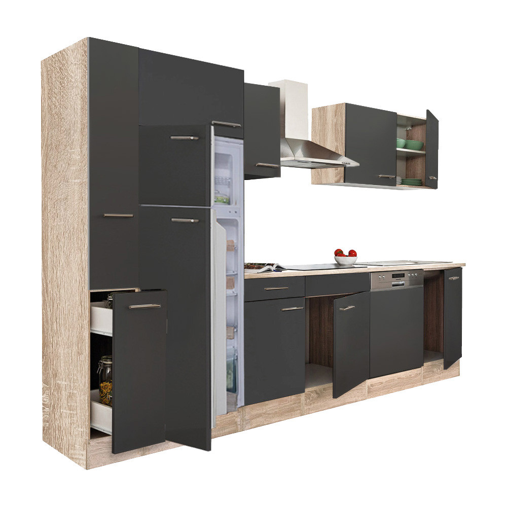 Yorki 310 konyhablokk sonoma tölgy korpusz,selyemfényű antracit fronttal felülfagyasztós hűtős szekrénnyel (HX)
