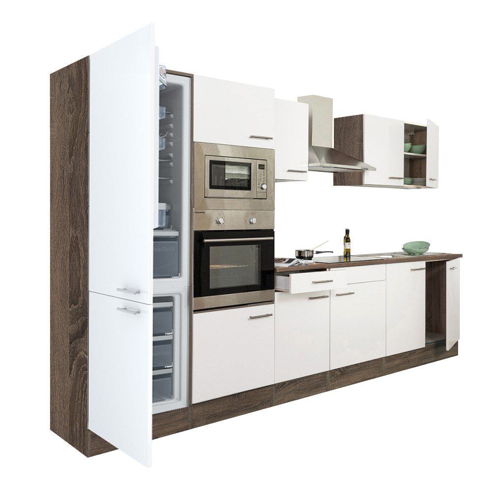 Yorki 330 konyhablokk yorki tölgy korpusz,selyemfényű fehér fronttal alulfagyasztós hűtős szekrénnyel (HX)