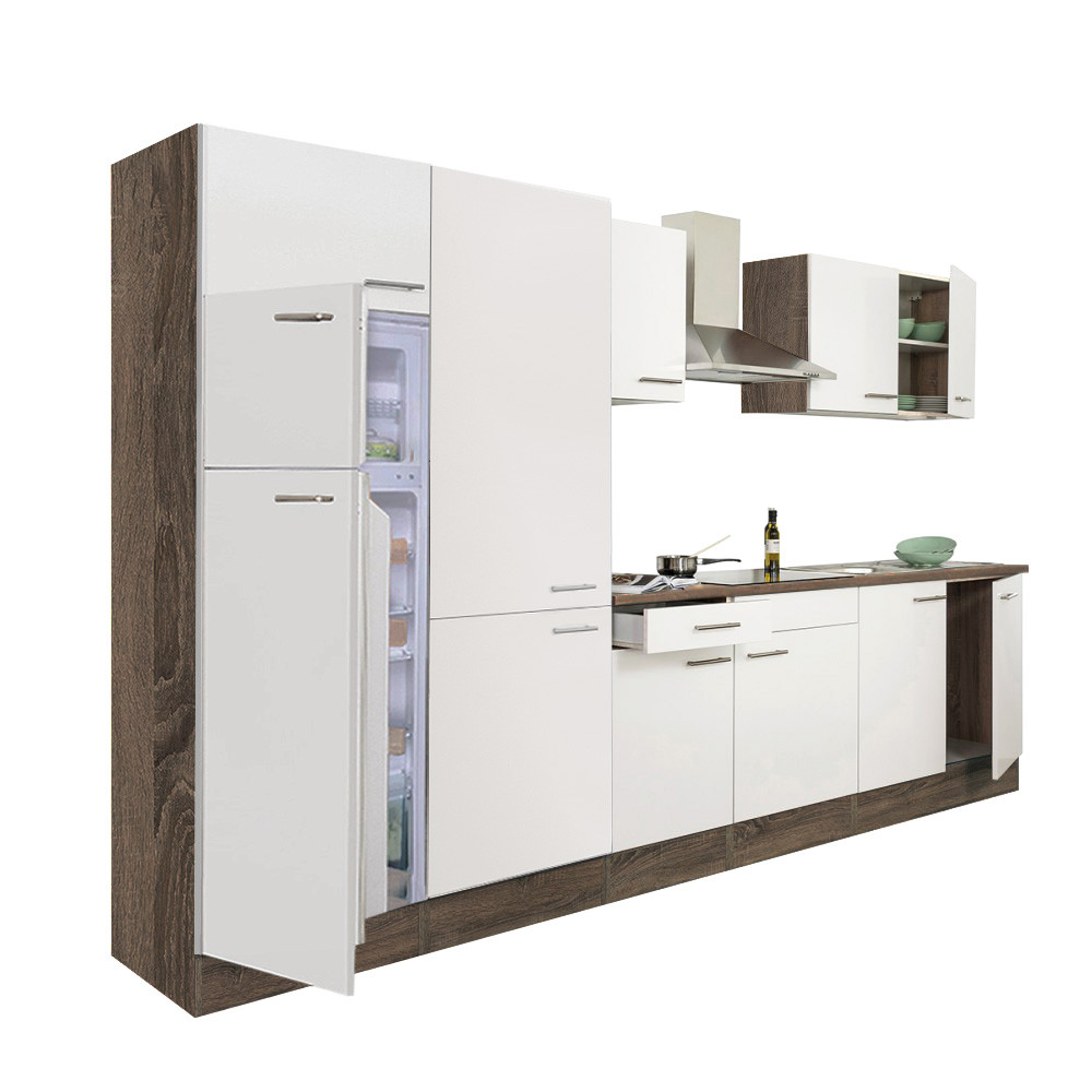 Yorki 330 konyhablokk yorki tölgy korpusz,selyemfényű fehér fronttal polcos szekrénnyel és felülfagyasztós hűtős szekrénnyel (HX)