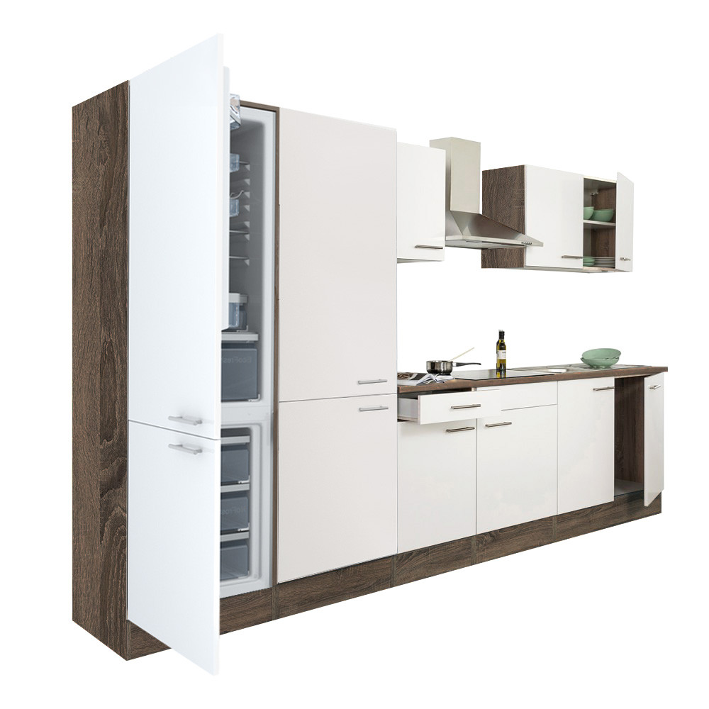 Yorki 330 konyhablokk yorki tölgy korpusz,selyemfényű fehér fronttal polcos szekrénnyel és alulfagyasztós hűtős szekrénnyel (HX)