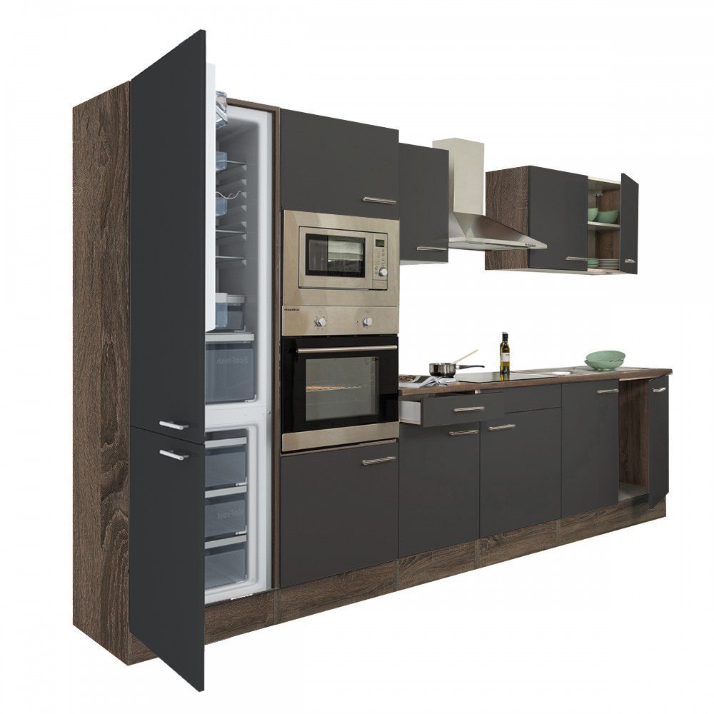 Yorki 330 konyhablokk yorki tölgy korpusz,selyemfényű antracit fronttal alulfagyasztós hűtős szekrénnyel (HX)