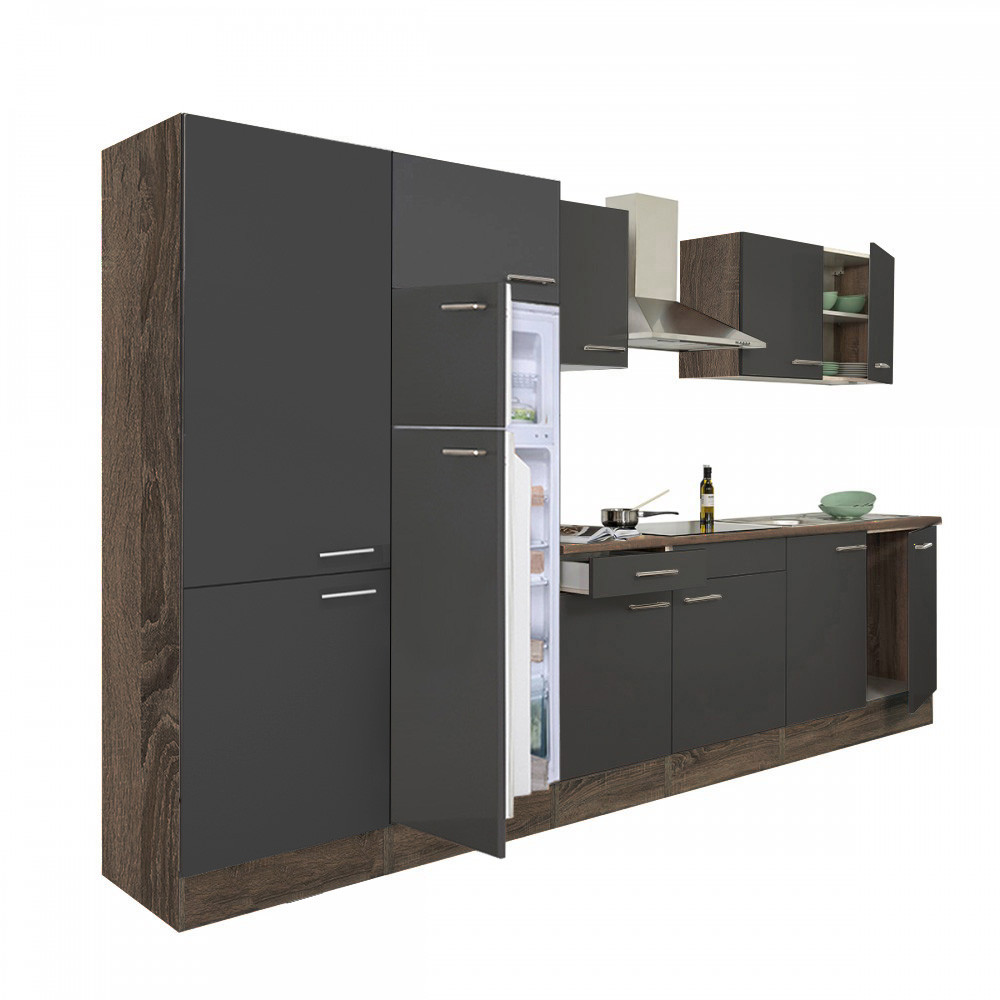 Yorki 330 konyhablokk yorki tölgy korpusz,selyemfényű antracit fronttal polcos szekrénnyel és felülfagyasztós hűtős szekrénnyel (HX)