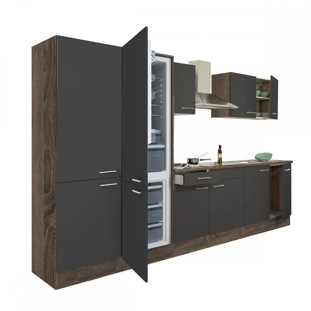 Yorki 330 konyhablokk yorki tölgy korpusz,selyemfényű antracit fronttal polcos szekrénnyel és alulfagyasztós hűtős szekrénnyel (HX)