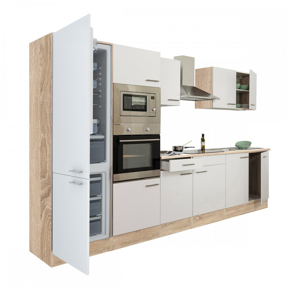 Yorki 330 konyhablokk sonoma tölgy korpusz,selyemfényű fehér fronttal alulfagyasztós hűtős szekrénnyel (HX)