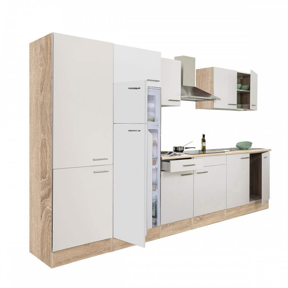 Yorki 330 konyhablokk sonoma tölgy korpusz,selyemfényű fehér fronttal polcos szekrénnyel és felülfagyasztós hűtős szekrénnyel (HX)