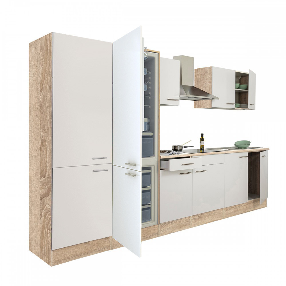 Yorki 330 konyhablokk sonoma tölgy korpusz,selyemfényű fehér fronttal polcos szekrénnyel és alulfagyasztós hűtős szekrénnyel (HX)