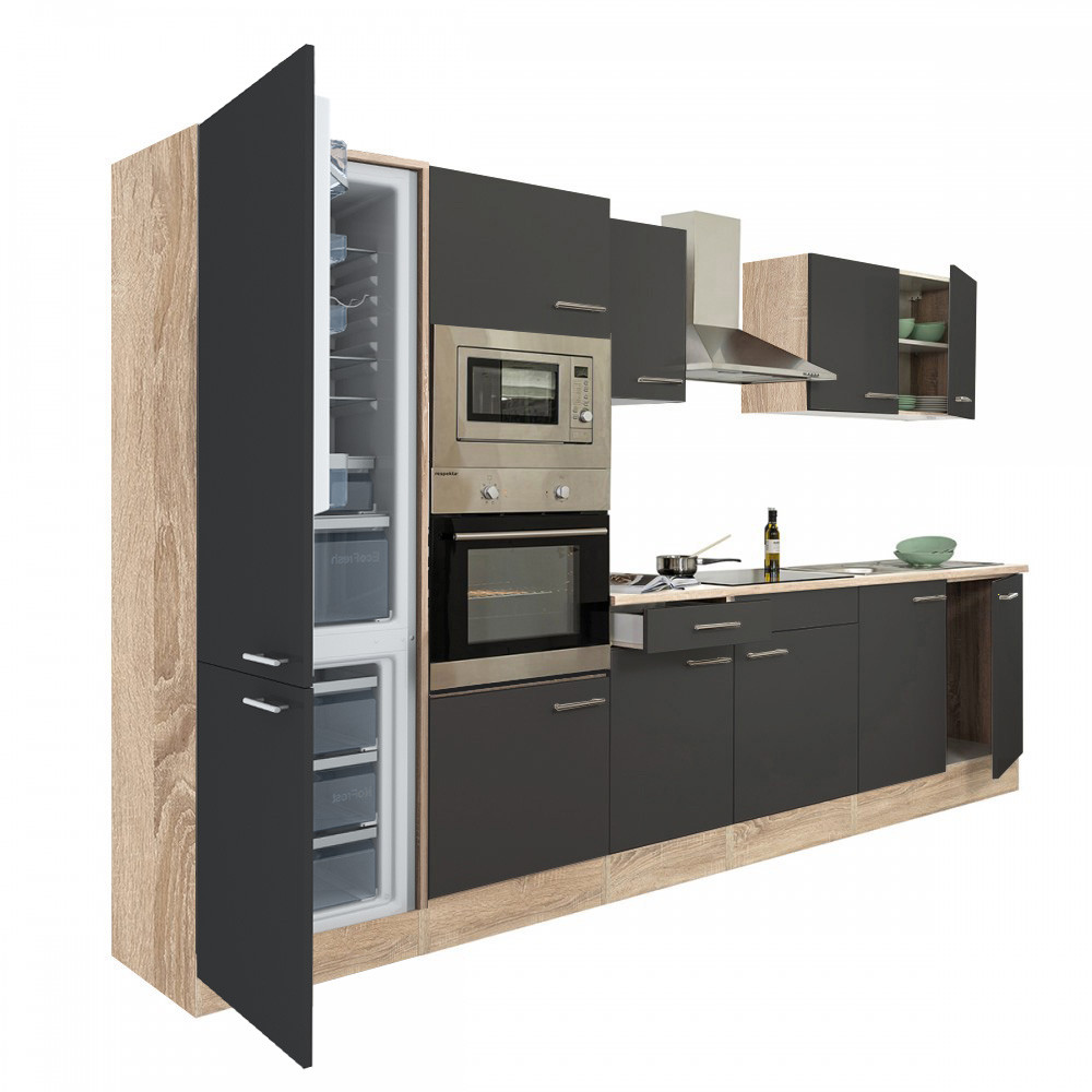 Yorki 330 konyhablokk sonoma tölgy korpusz,selyemfényű antracit fronttal alulfagyasztós hűtős szekrénnyel (HX)