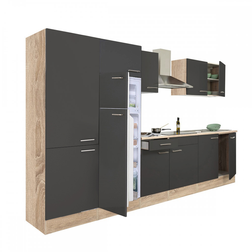 Yorki 330 konyhablokk sonoma tölgy korpusz,selyemfényű antracit fronttal polcos szekrénnyel és felülfagyasztós hűtős szekrénnyel (HX)