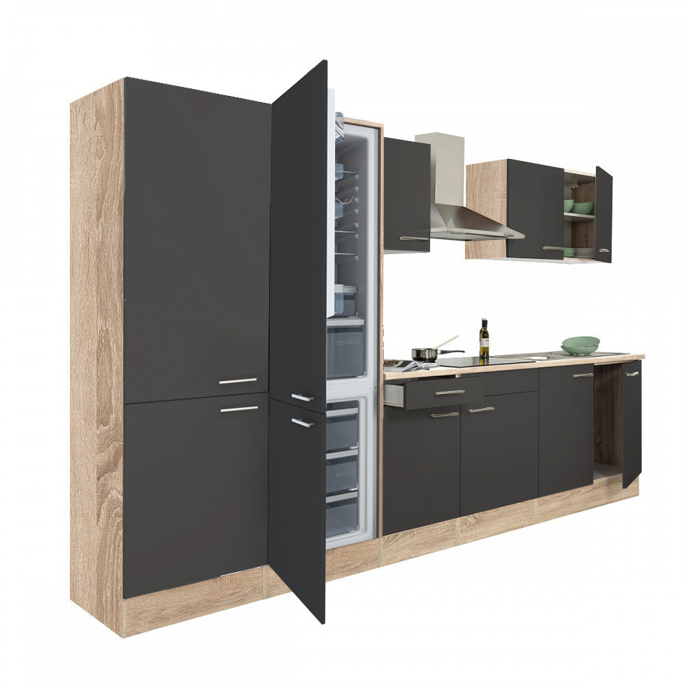 Yorki 330 konyhablokk sonoma tölgy korpusz,selyemfényű antracit fronttal polcos szekrénnyel és alulfagyasztós hűtős szekrénnyel (HX)