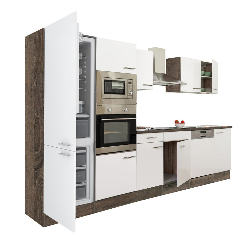 Yorki 340 konyhablokk yorki tölgy korpusz,selyemfényű fehér fronttal alulfagyasztós hűtős szekrénnyel (HX)