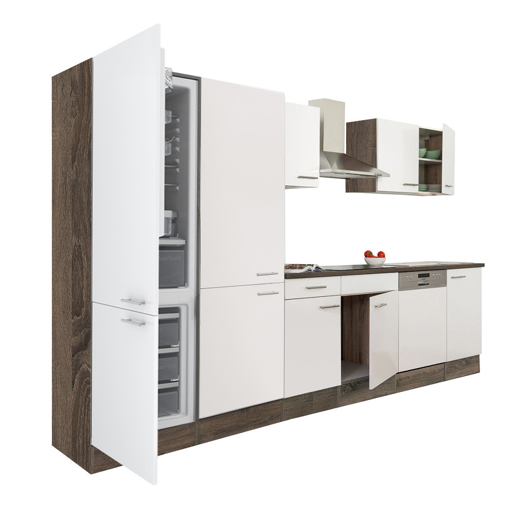 Yorki 340 konyhablokk yorki tölgy korpusz,selyemfényű fehér fronttal polcos szekrénnyel és alulfagyasztós hűtős szekrénnyel (HX)