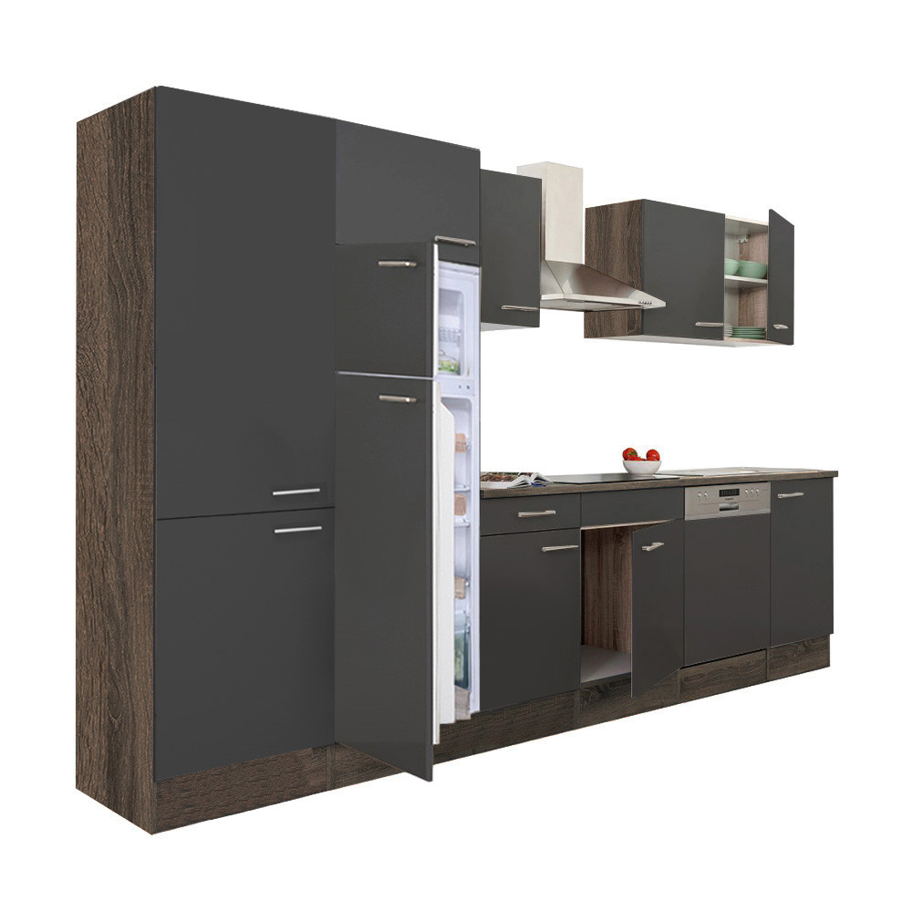 Yorki 340 konyhablokk yorki tölgy korpusz,selyemfényű antracit fronttal polcos szekrénnyel és felülfagyasztós hűtős szekrénnyel (HX)