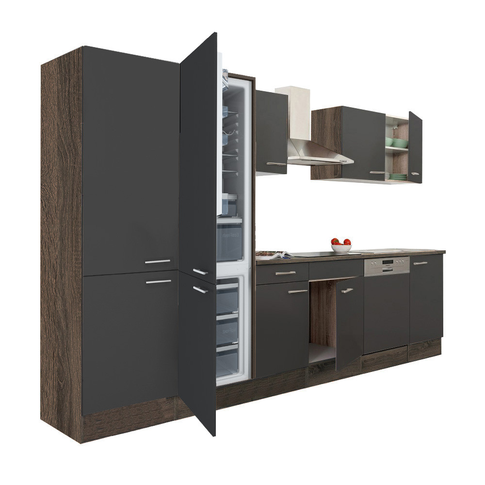 Yorki 340 konyhablokk yorki tölgy korpusz,selyemfényű antracit fronttal polcos szekrénnyel és alulfagyasztós hűtős szekrénnyel (HX)
