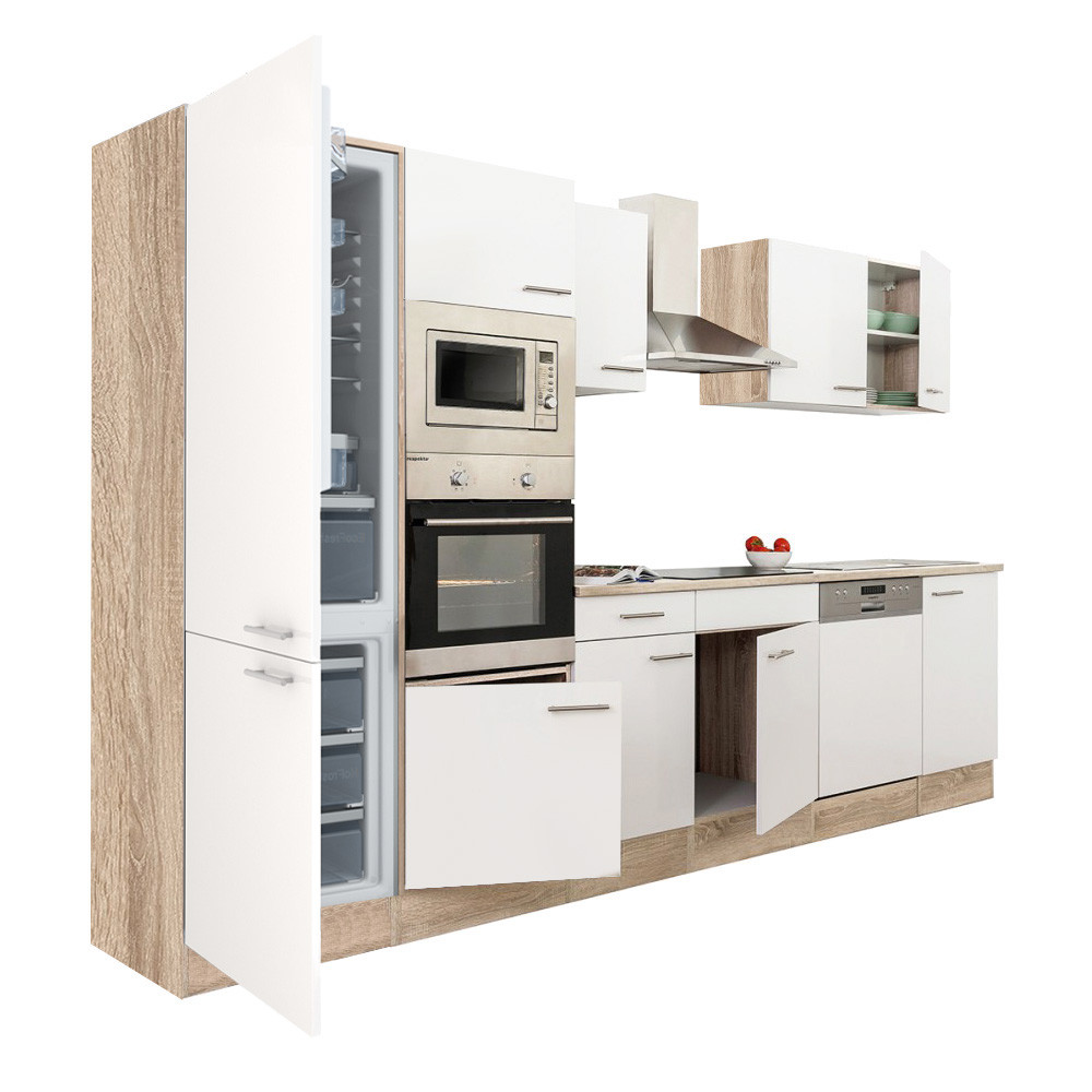 Yorki 340 konyhablokk sonoma tölgy korpusz,selyemfényű fehér fronttal alulfagyasztós hűtős szekrénnyel (HX)