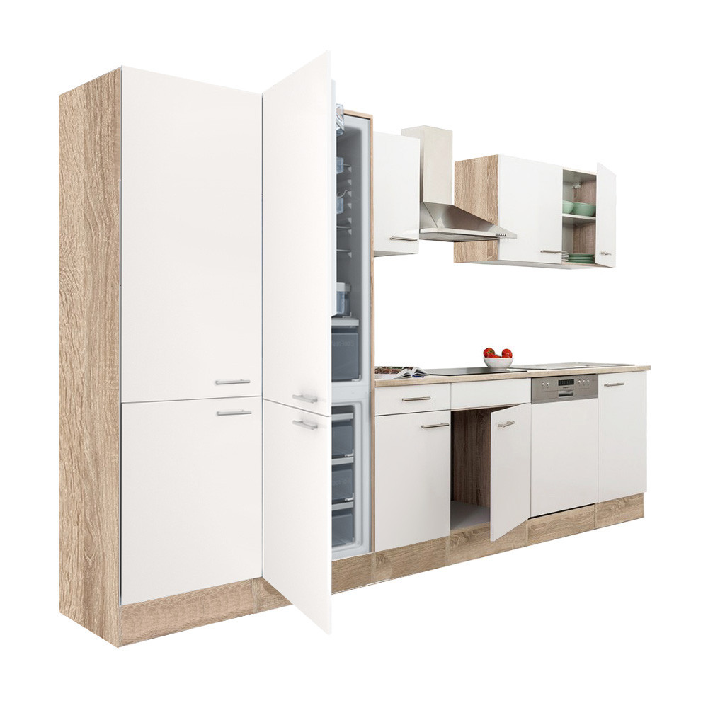 Yorki 340 konyhablokk sonoma tölgy korpusz,selyemfényű fehér fronttal polcos szekrénnyel és alulfagyasztós hűtős szekrénnyel (HX)