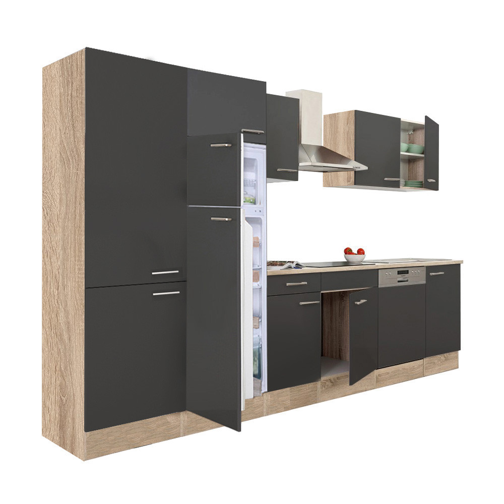 Yorki 340 konyhablokk sonoma tölgy korpusz,selyemfényű antracit fronttal polcos szekrénnyel és felülfagyasztós hűtős szekrénnyel (HX)