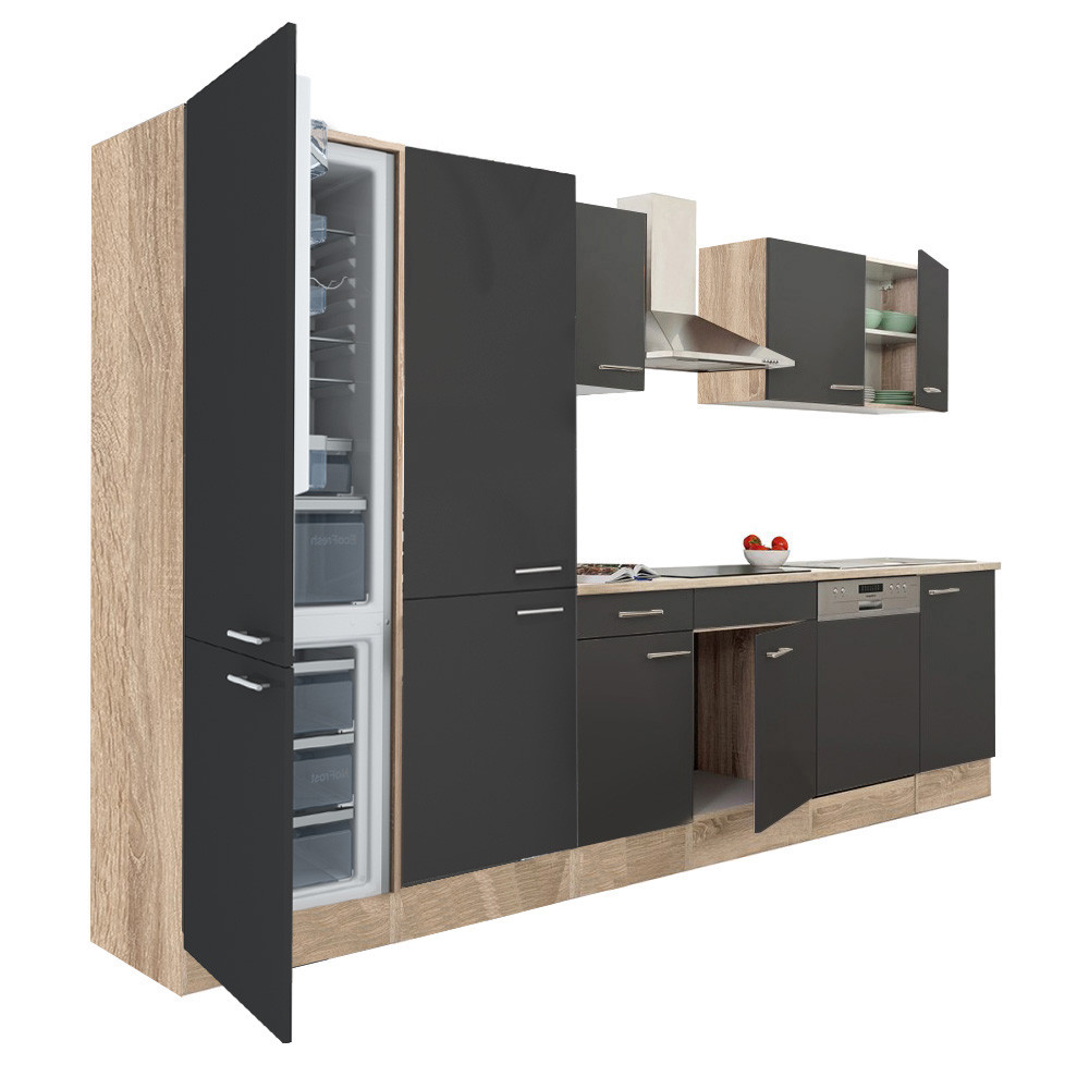 Yorki 340 konyhablokk sonoma tölgy korpusz,selyemfényű antracit fronttal polcos szekrénnyel és alulfagyasztós hűtős szekrénnyel (HX)