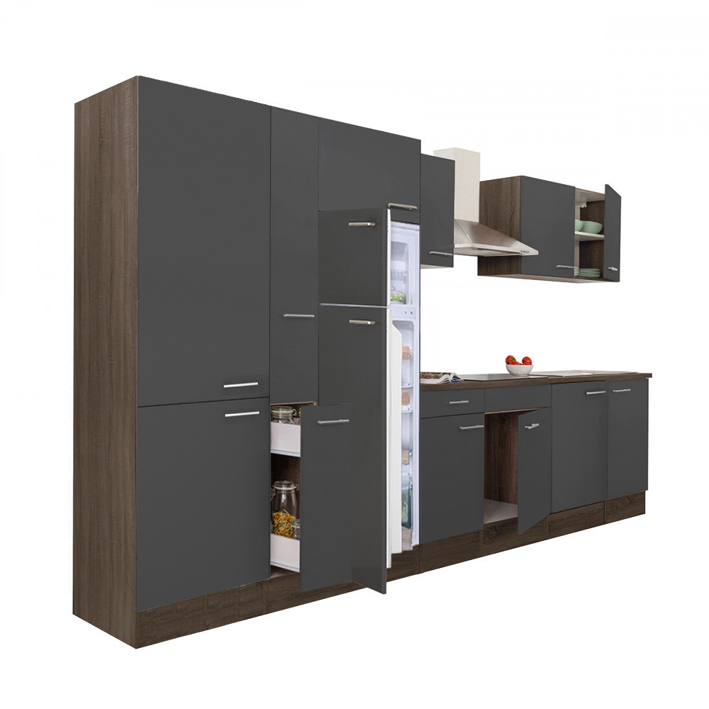 Yorki 360 konyhablokk yorki tölgy korpusz,selyemfényű antracit fronttal polcos szekrénnyel és felülfagyasztós hűtős szekrénnyel (HX)