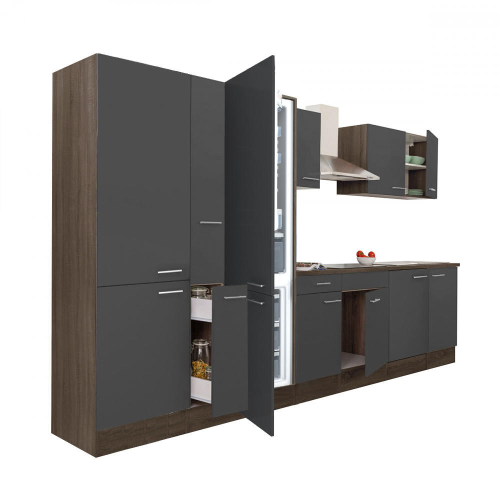 Yorki 360 konyhablokk yorki tölgy korpusz,selyemfényű antracit fronttal polcos szekrénnyel és alulfagyasztós hűtős szekrénnyel (HX)