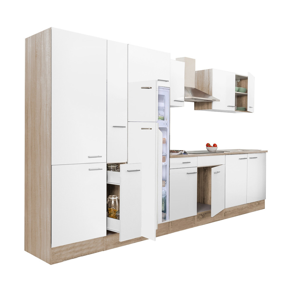 Yorki 360 konyhablokk sonoma tölgy korpusz,selyemfényű fehér fronttal polcos szekrénnyel és felülfagyasztós hűtős szekrénnyel (HX)