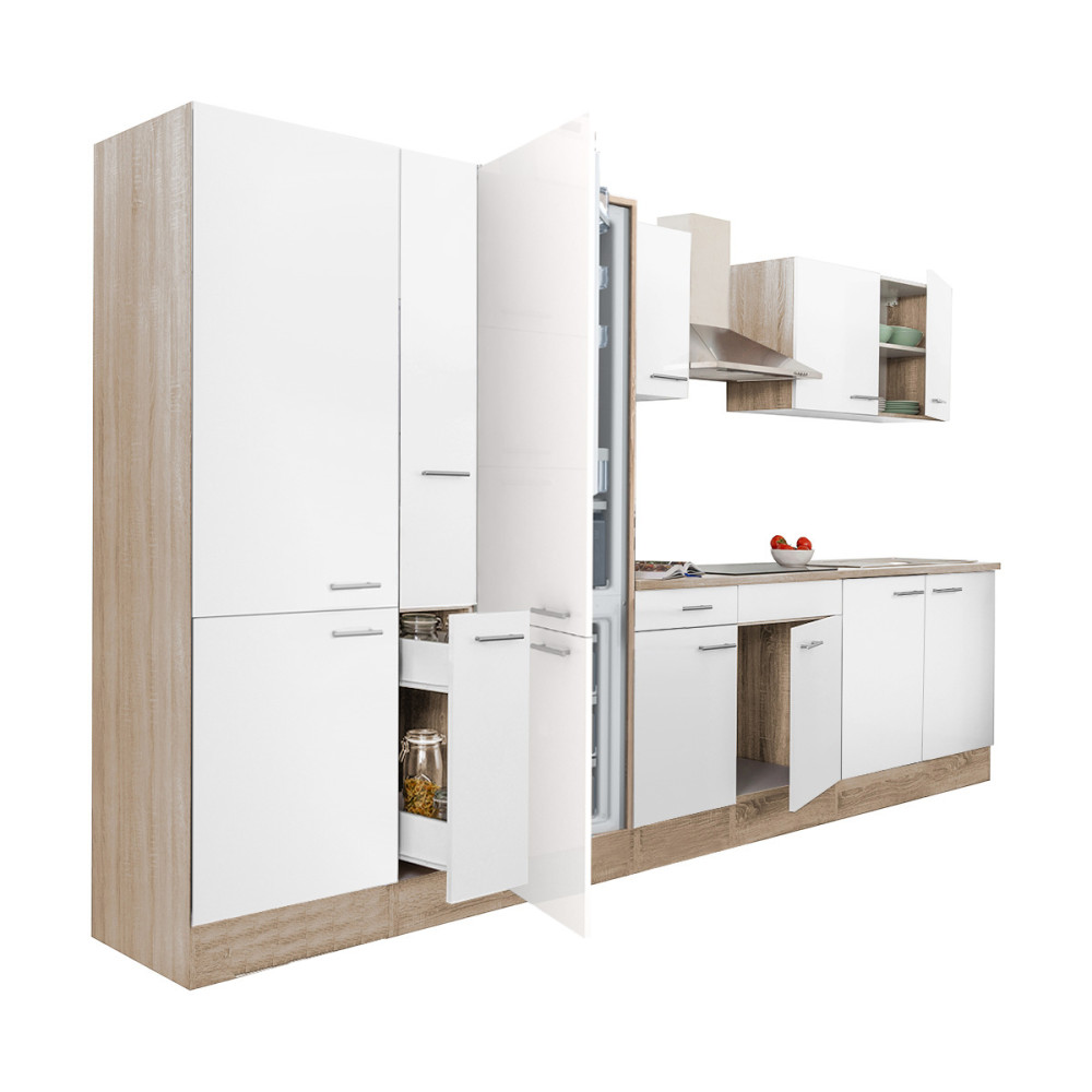 Yorki 360 konyhablokk sonoma tölgy korpusz,selyemfényű fehér fronttal polcos szekrénnyel és alulfagyasztós hűtős szekrénnyel (HX)