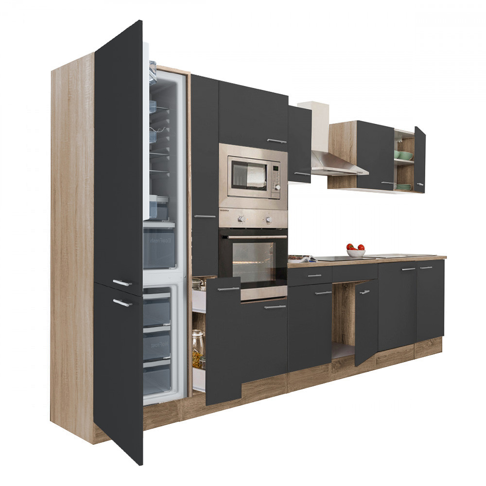 Yorki 360 konyhablokk sonoma tölgy korpusz,selyemfényű antracit fronttal alulfagyasztós hűtős szekrénnyel (HX)