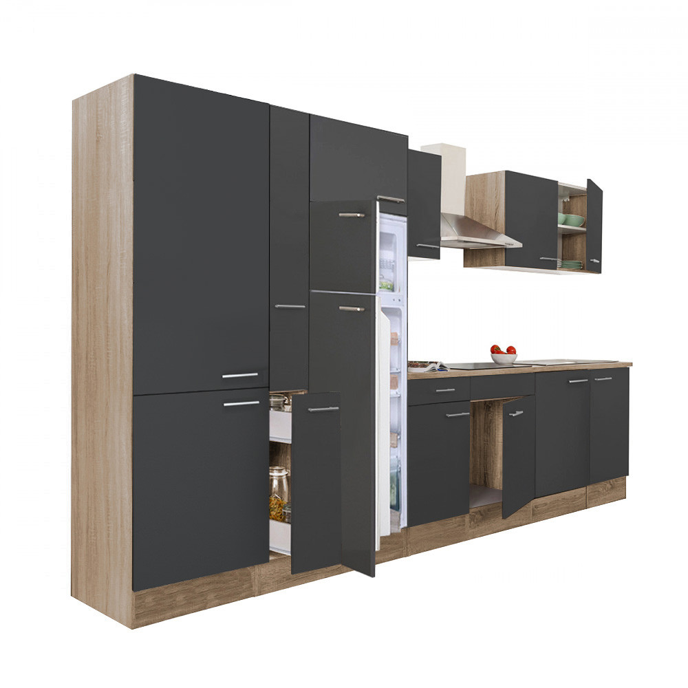Yorki 360 konyhablokk sonoma tölgy korpusz,selyemfényű antracit fronttal polcos szekrénnyel és felülfagyasztós hűtős szekrénnyel (HX)