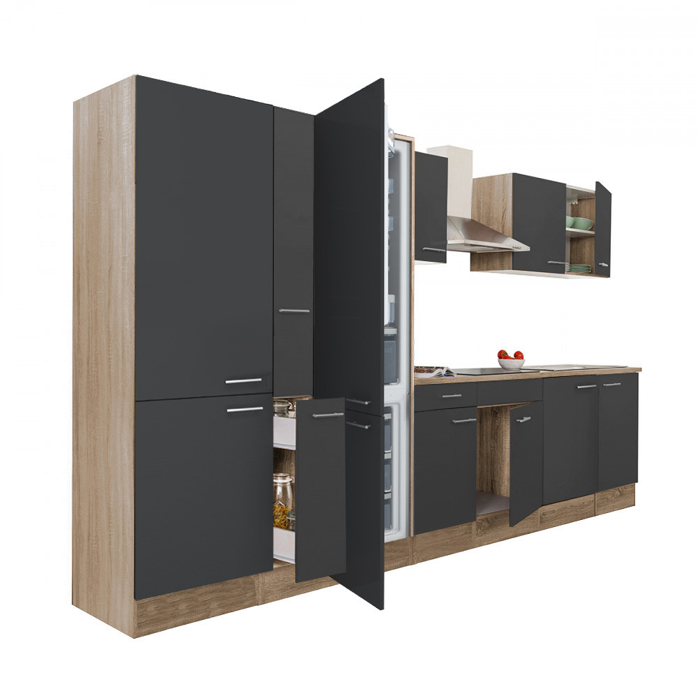 Yorki 360 konyhablokk sonoma tölgy korpusz,selyemfényű antracit fronttal polcos szekrénnyel és alulfagyasztós hűtős szekrénnyel (HX)