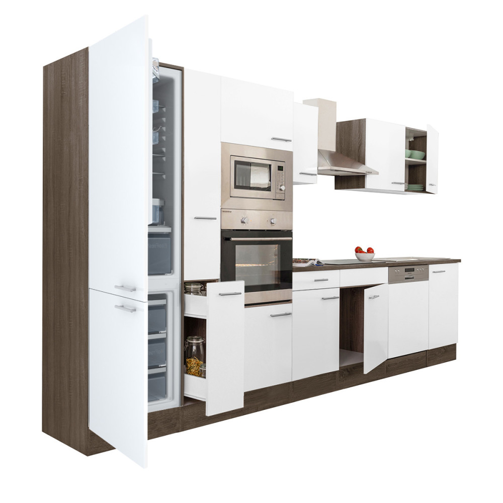 Yorki 370 konyhablokk yorki tölgy korpusz,selyemfényű fehér fronttal alulfagyasztós hűtős szekrénnyel (HX)